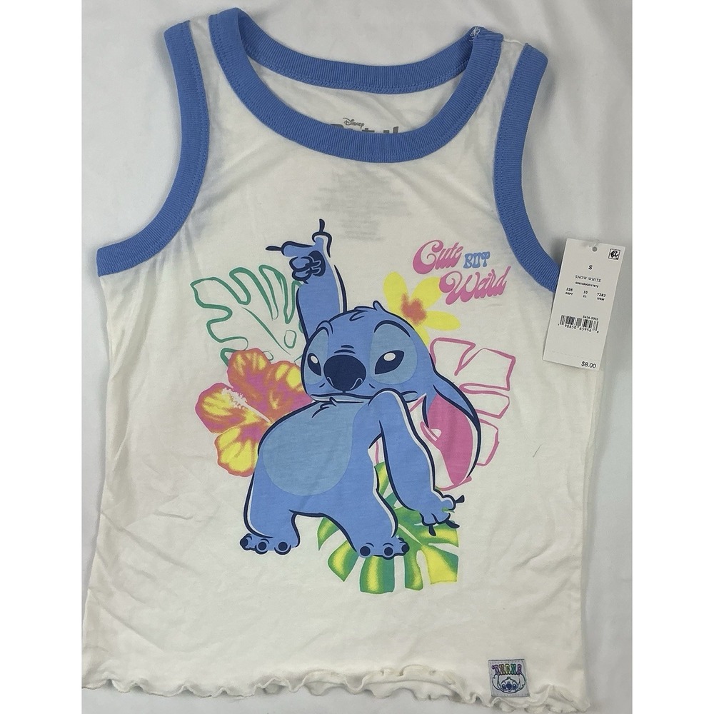 Disney Stitch Tank Top Kids Size S White Blue Trim Cute But Weird Graphic Ringer